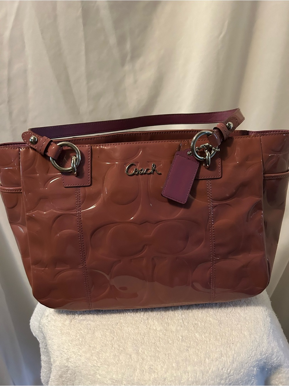 Coach Patent Leather Tote in Rosewood with Plum Accents
